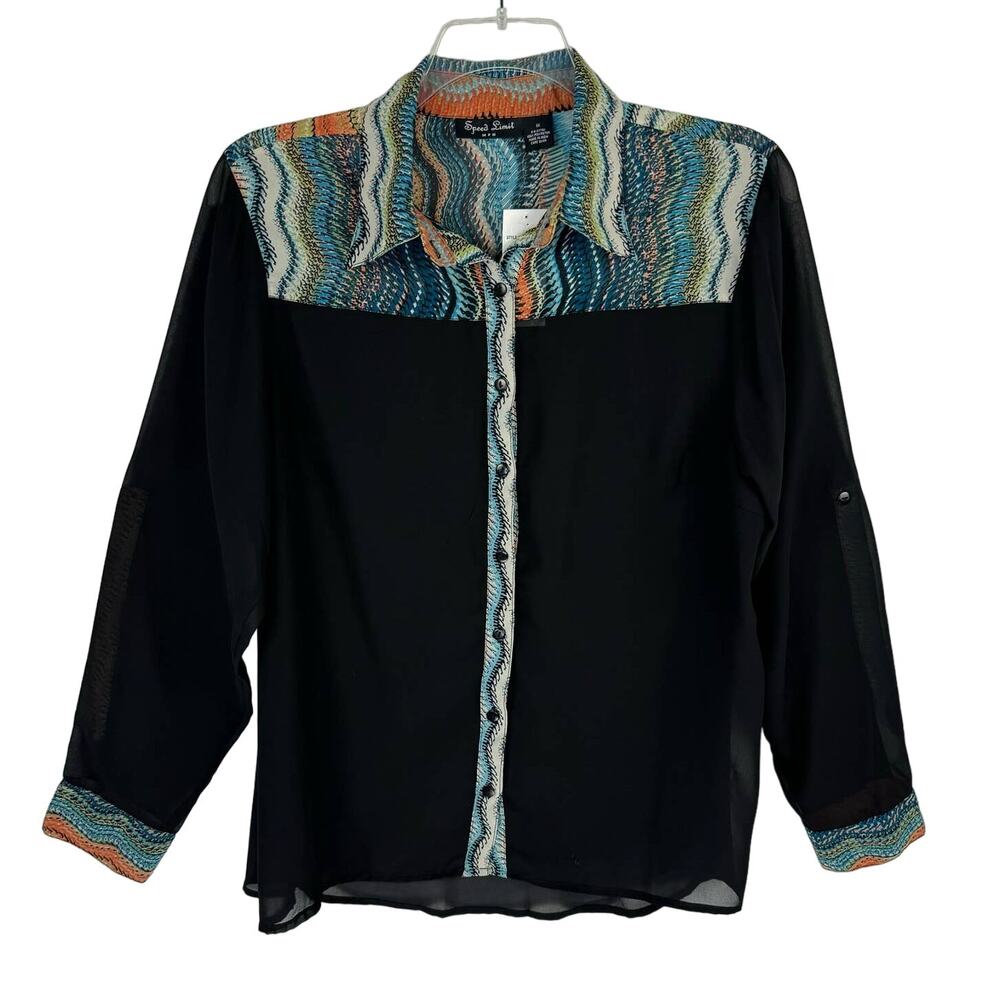 NWT SPEED LIMIT | Black & Multi Colored Sheer Button Down Blouse | Women's 1X‎